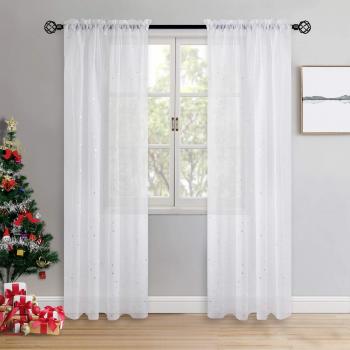 BGment White Sheer Rod Pocket Drapes with Silver Star Print