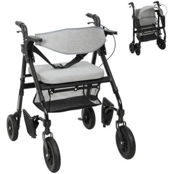 HOMCOM Compact Foldable Walker with Seating – Grey