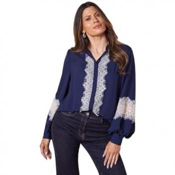 Georgette Blouse with Contrast Lace Trim