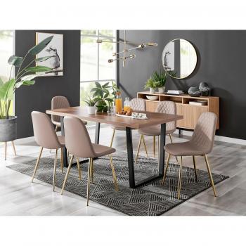 Kylo Large Brown Wood Effect Dining Table & 6 Corona Gold Leg Faux Leather Chairs
