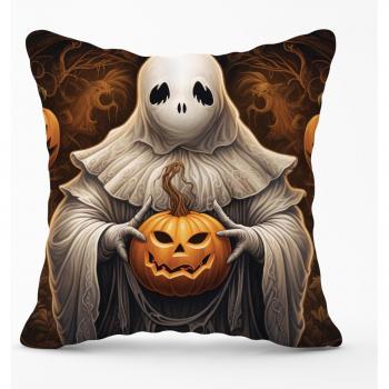 Spooky White Ghost Holding Pumpkin Outdoor Cushion