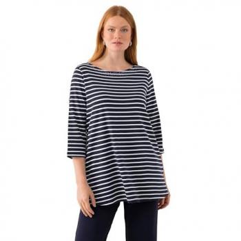 Ulla Popken Damen T-Shirt mit Ringelmuster, Pima Baumwolle, U-Boot-Ausschnitt, 3/4-Arm