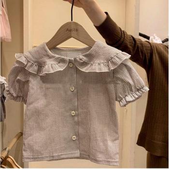 3488 Mädchen Bluse mit Puffärmeln und Drehkragen, kariert und weiß
