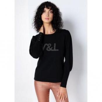 V&L Camiseta Negra de Algodón con Detalle de Perlas, Cuello Box y Botones