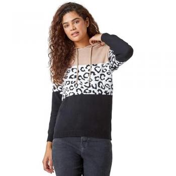 Roman Women's Black Animal Print Color Block Hoodie - Size 14 UK