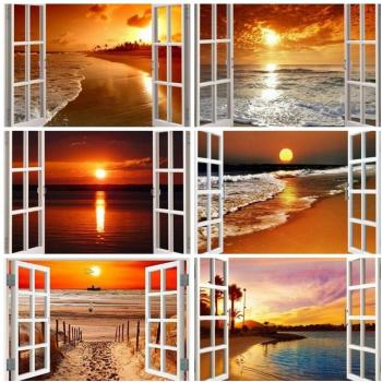 Pittura diamantata 5D paesaggio al tramonto finestra artigianale mosaico rotondo completo 20X30CM rosso