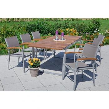 MERXX Essgruppe Naxos für den Garten, (7-tlg., 6x Stapelsessel, 1x Ausziehtisch 150(200)x90 cm), Aluminium, Textilbespannung aus 100 % Polyester, Akazienholz