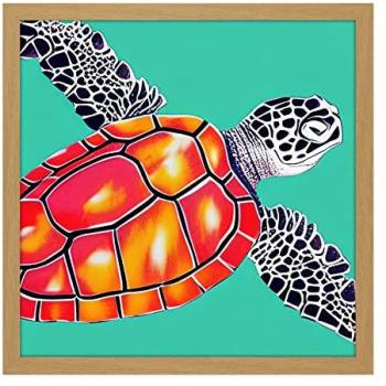 Ocean Turtle Red Shell Portrait, 16x16 in Light Oak Frame – Watercolor Ink Art