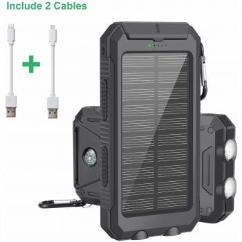 Power Bank Solare 10k mAh con 2 Porte USB, LED, e Bussola per Smartphone