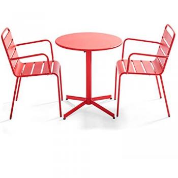 Ensemble table de terrasse et 2 fauteuils métal rouge