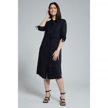 Abito Camicia in Lyocell Lucido con Bottone e Maniche a 3/4, Donna, Nero, Taglia: 24/26-56/58