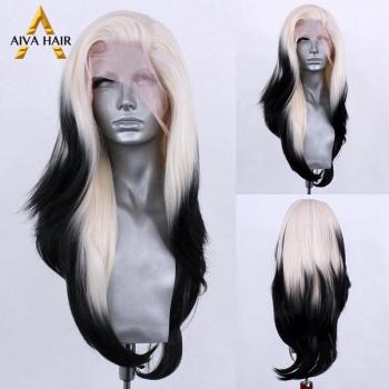 Straight Black White Synthetic Lace Front Wig