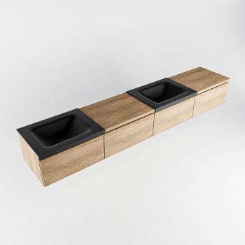 Baño Mondiaz Bukla 240 cm – Mueble Abierto 60° Washed Oak, 4 Cajones + Lavabo Doble sin Orificios Urban