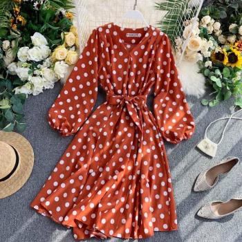 Korean Style Long Sleeve Green Polka Dot Dress for Women