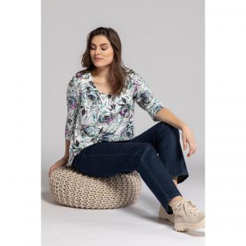 Maglia donna taglie forti cotone eco stampa floreale scollo arricciato taglio svasato bianco taglia 56/58