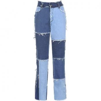 Pantalon jean femme y2k moulant patchwork Harajuku taille haute esthétique 90s Cuteandpsycho