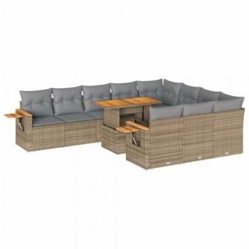 Set Divano da Giardino 10 pz con Cuscini Beige in Polyrattan e Acacia
