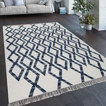 Alfombra Salón Estilo Bohemio con Flecos Tejida a Mano Mezcla de Lana y Algodón Azul 120x170 cm