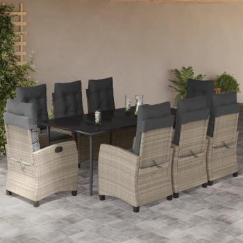 Set per Pranzo all'Aperto 9 Pezzi Polirattan con Cuscini Grigio Chiaro