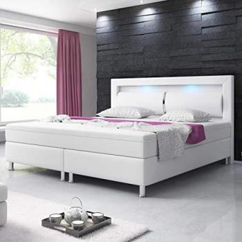 Boxspringbett Milano 180x200 cm mit Bettkasten und LED-Kopfteil, Kunstleder Weiß, inkl. Topper H3