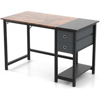 Poste de Travail 120 cm – Bureau Moderne – 2 Tiroirs – Crochet Suspendu – Rangement Marron