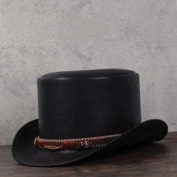 Leder Zylinderhut für Steampunk Cosplay, flach, 100% Leder, für Männer und Frauen, 3 Größen