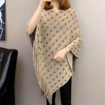 Long Knitted Tassel Cape for Women