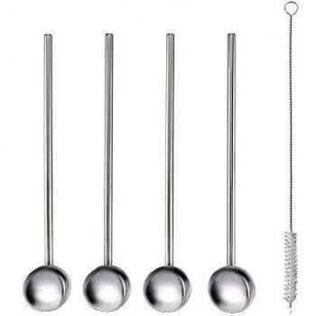 Pailles et cuillères à cocktail Metaltex 2 en 1 Inox, courbées, en acier inoxydable, avec brosse de nettoyage, 5 pièces