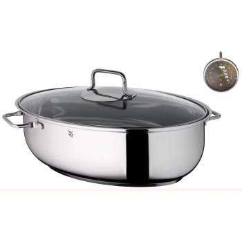 WMF ProfiSelect oval Bräter, mit gratis Thermometer, Glasdeckel, Edelstahl Cromargan, induktionsgeeignet, spülmaschinengeeignet, backofenfest, 38 x 26 x 12 cm, 7,8 l