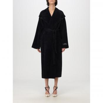 Cappotto Elisabetta Franchi Donna Nero Taglia 40 con Cintura e Pelliccia Knit