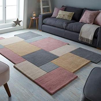 FLAIR RUGS Wollteppich Abstract Collage, rechteckig, 11 mm, 100% Wolle, Karo Design, Patchwork, modern, mehrfarbig