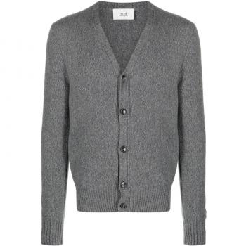 Ami Paris Grey Ribbed Knit Cashmere Cardigan for Men - Medium