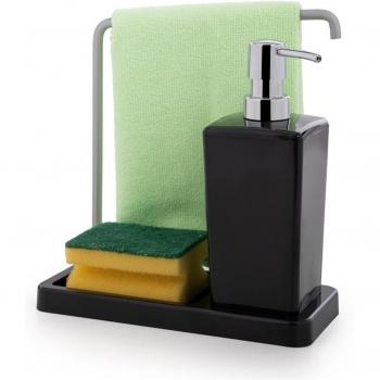Stylish Kitchen Liquid Soap Dispenser with Towel and Sponge Holder - Black