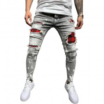 Jeans rasgados empalmados para hombre, pantalones ajustados de cuadros rojos, cintura elástica, tallas S-3XL