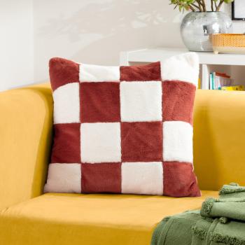 Heya Home Cozee Check Faux Fur Filled Cushion - Rust - Size 50 Cm X 50 Cm