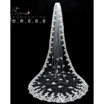 3-Meter Long Wedding Veil with Lace Edge Appliqués - White and Ivory Cathedral Bridal Accessory