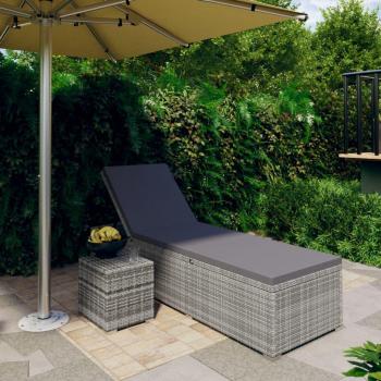 Lettino Prendisole con Cuscino e Tavolino in Polyrattan Grigio - Vidaxl