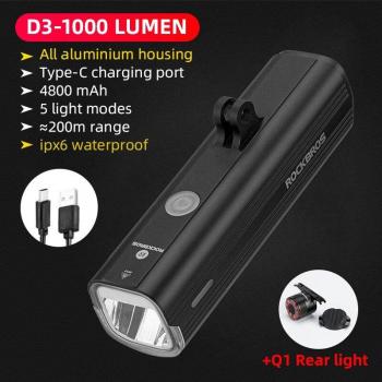 Faro LED para Bicicleta ROCKBROS, Luz Delantera Recargable, 1000 Lúmenes, 4800mAh, Impermeable