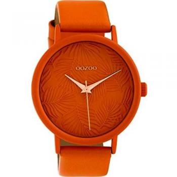 Oozoo Damen-Classic‑Uhr 42 mm, Lederarmband, Sommerpalmen‑Zifferblatt in Orange, Modell C10165