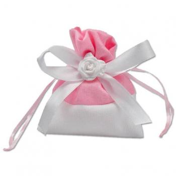 12 Sacchetti Stoffa Porta Confetti Rosa Bianca Matrimonio Battesimo Bomboniera Rosa