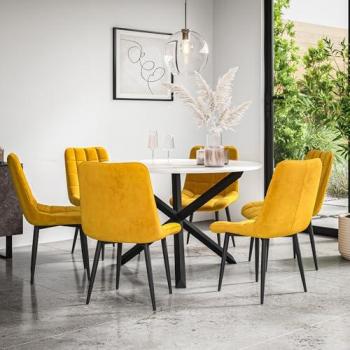 Malvern Classic Marble Dining Ensemble – Solid Oak Legs, Mustard Velvet Chairs