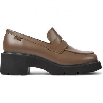 Mocasines de Piel con Tacón de Bloque para Mujer - Marrón