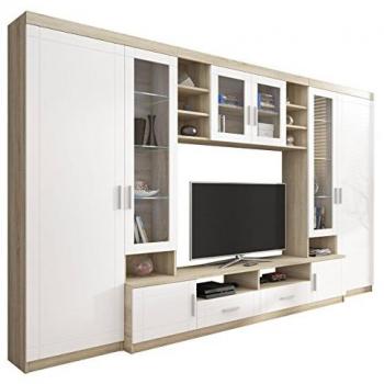 Módulo de salón Tucson 108, Roble Sonoma + Blanco, Sólido, Con mesa de tv, Vidrio, MDF, 198x340x44cm