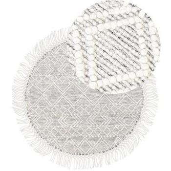BELIANI Living Room Round Area Rug Wool Decorative Tassels ⌀ 140 cm Grey and Off-White Buldan