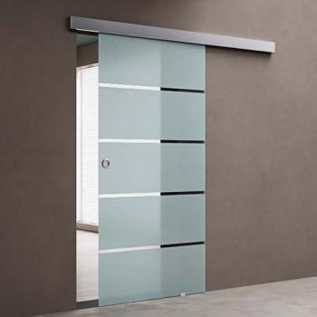 Porta Scorrevole in Vetro Temperato Opaco 8mm a Strisce – Binario Alluminio Cromato – Kit Parete – 77,5x205 cm