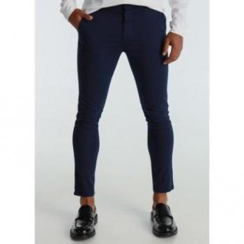 SIX VALVES - Pantalón Chino Satén Slim Color Azul Marino