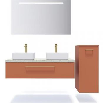 Mobilier bain « Terracotta » – 120 cm, 2 vasques, tiroir, miroir, colonne ouverture droite