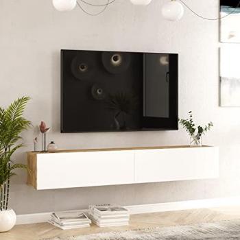 Mobile Porta TV 'Lapinlahti' sospeso 180x32x30 cm - Rovere Rustico/Bianco con 2 Ante Apertura a Ribalta