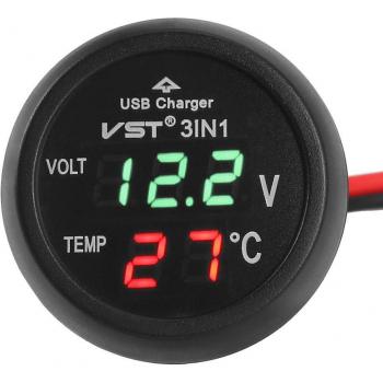 12V/24V Digital LED Car Charger with Voltmeter and Thermometer