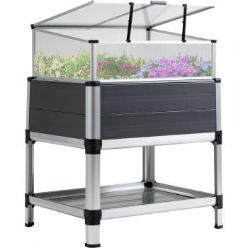 Macetero Elevado de Aluminio 78,5x61x99,5 cm con Cubierta de Policarbonato y Techos Abatibles
